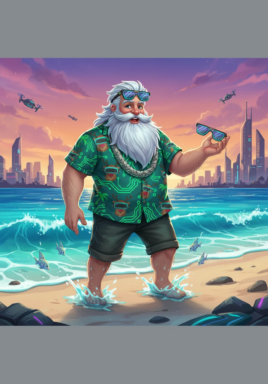 A jolly man with a long, snowy white beard and twinkling eyes walks out of the ocean waves. He wears a vibrant Hawaiian shirt decorated with tiny reindeer and palm trees, carrying a pair of colorful sunglasses.