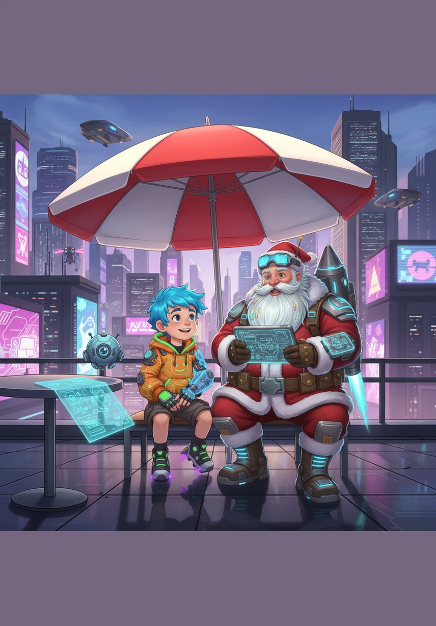 Santa sits with Leo under a striped umbrella and opens a magical cooler filled with endless ice cream treats. He tells stories of his secret summer workshop where the elves make kites and surfboards.