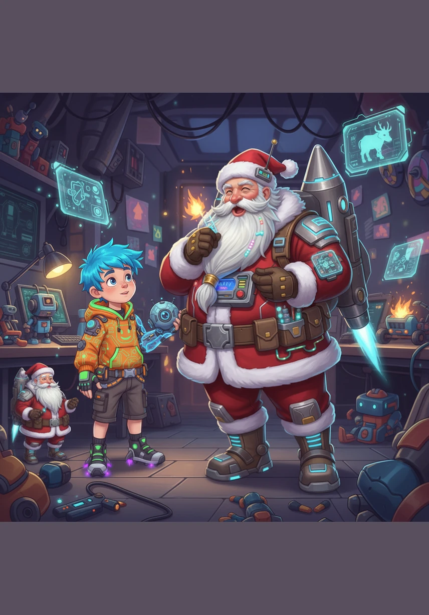 Santa whistles a cheerful tune, and a wooden boat shaped like a sleigh appears, pulled by a team of friendly dolphins. The dolphins jump through the waves, wearing shimmering harnesses that sparkle in the sunlight.