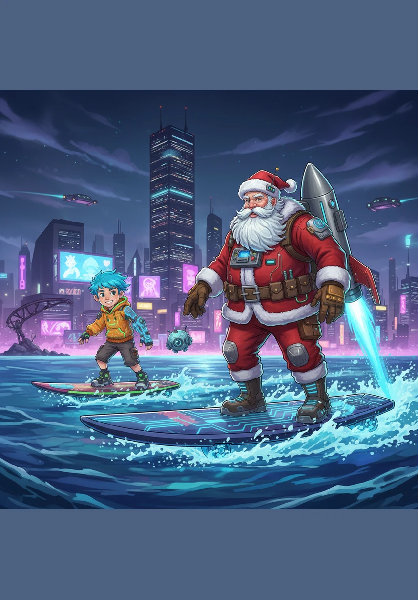 They glide across the water, leaving a trail of sparkling sea foam and cool breezes behind them. The children on the beach cheer and wave as they see the surfing Santa and his helpful friend zip by.