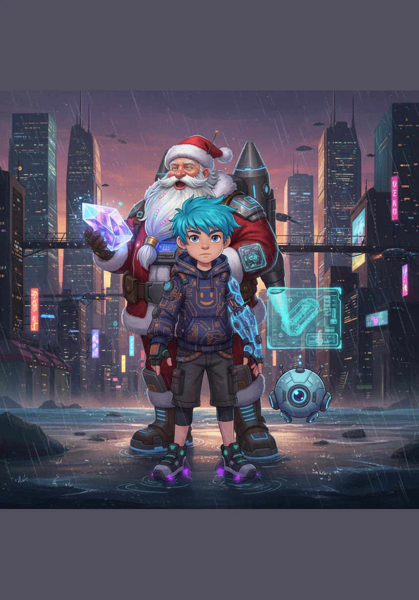 Santa waves goodbye and paddles his red surfboard back into the deep blue ocean as the first stars appear. Leo stands on the shore holding his seashell, knowing that the magic of Santa is with him all year round.