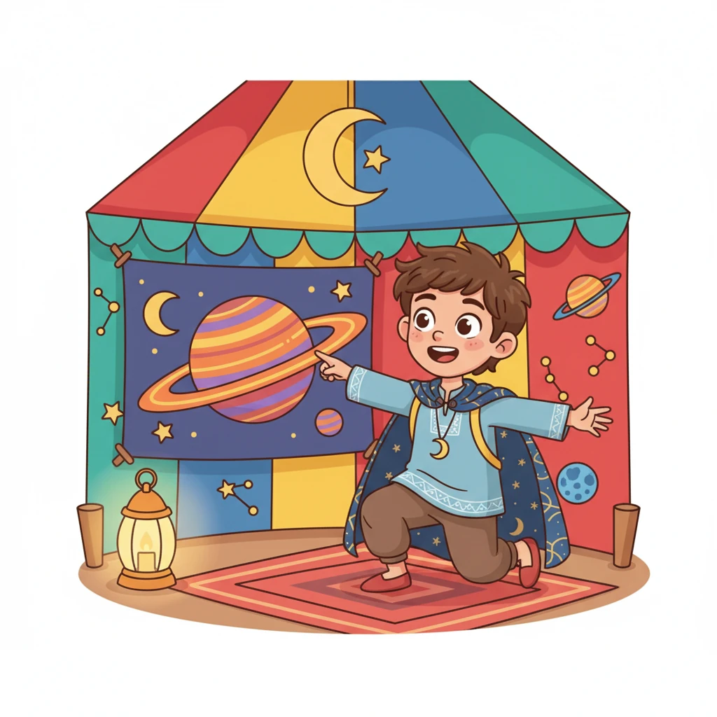 داخل الخيمة، كانت هناك قصص وصور رائعة عن الأقمار والكواكب. كانت الألوان زاهية والرسومات مليئة بالتفاصيل الجذابة.