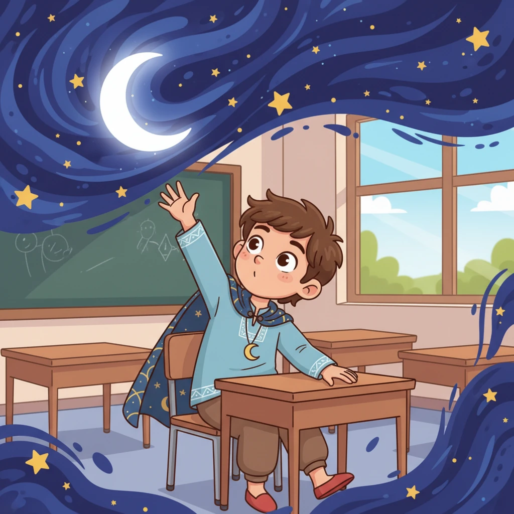 جلس رائد باهتمام شديد، يستمتع بقصة عن القمر. تخيل نفسه يطفو بين النجوم ويتمنى لو كان بإمكانه أن يلمس القمر بيده.