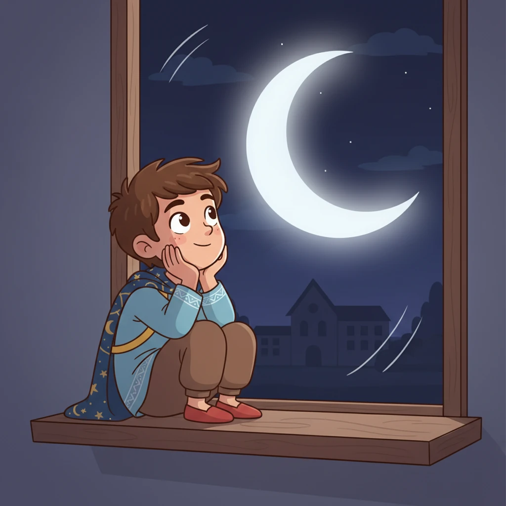 في المساء، عاد رائد إلى منزله. جلس عند النافذة، يحدق في القمر الفضي اللامع الذي يضيء السماء المظلمة.