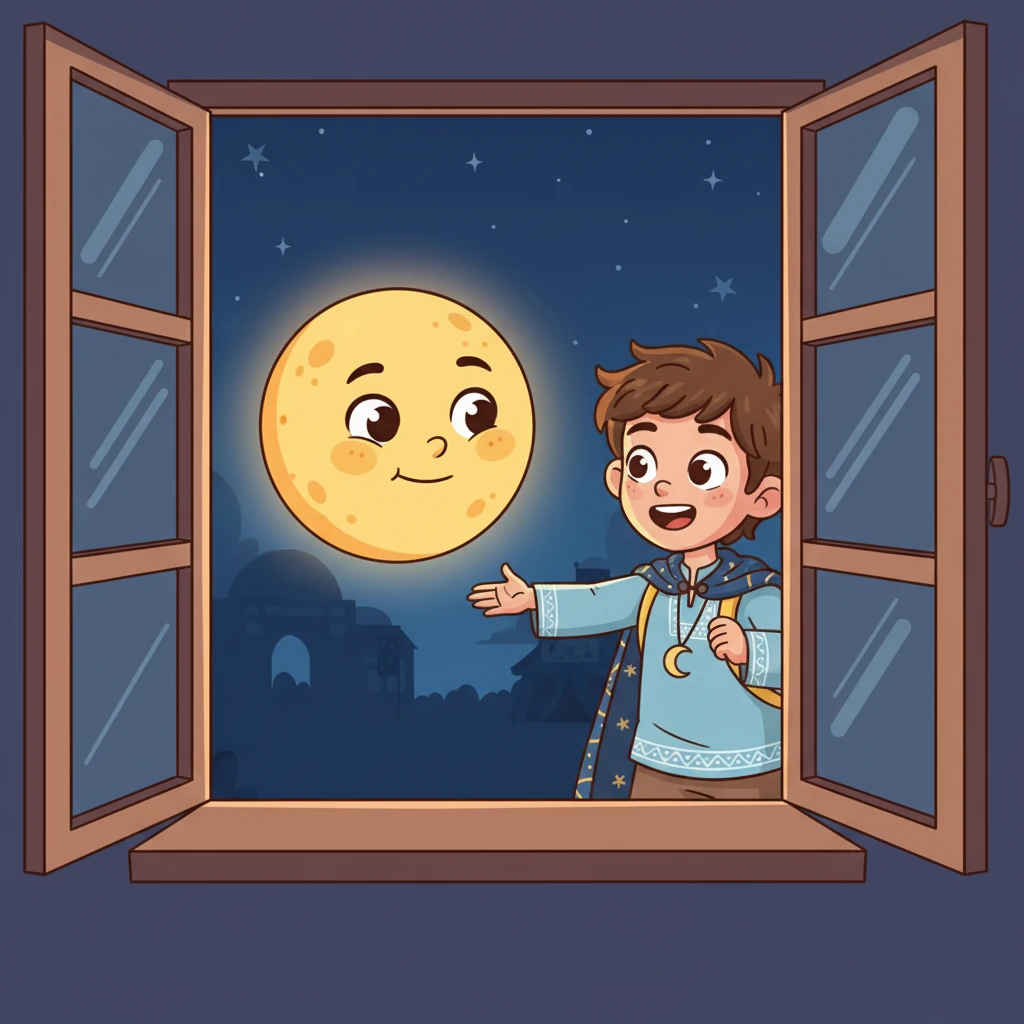 توقف القمر أمام نافذة رائد مباشرة، وتحدث بصوت دافئ ولطيف: 'تعال معي يا رائد!'. كان رائد مندهشًا وسعيدًا جدًا.