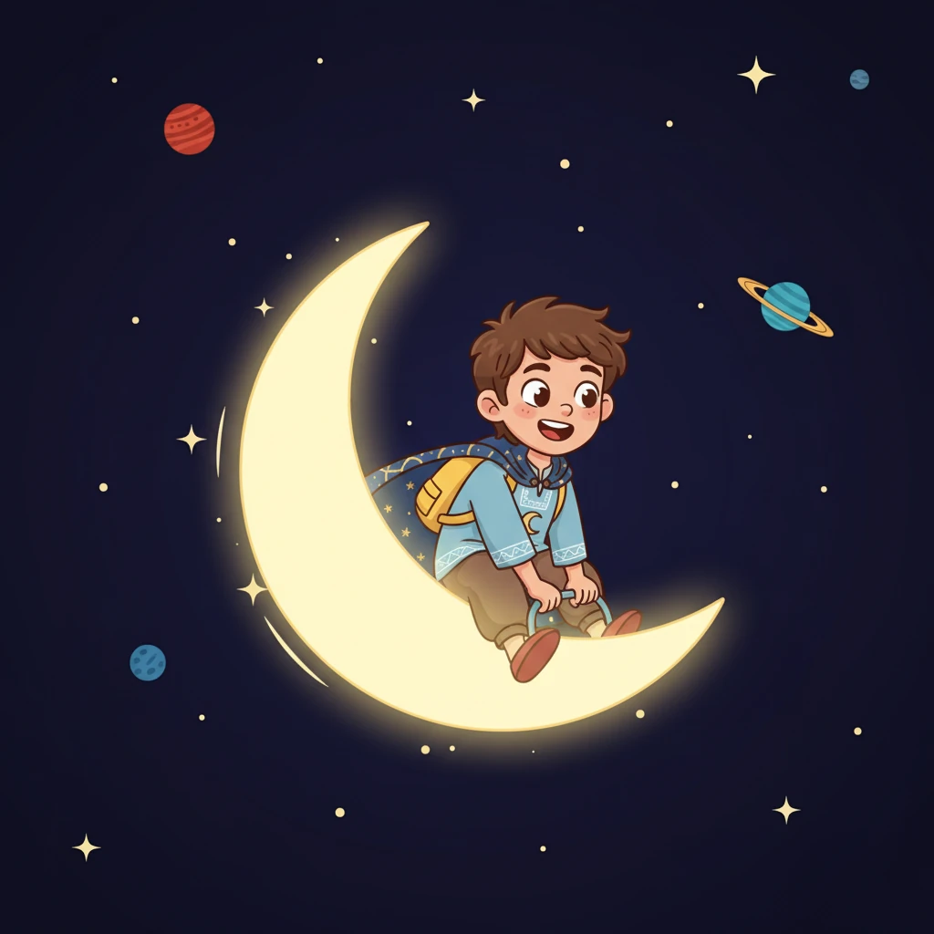 ركب رائد على شعاع القمر اللامع. شعر وكأنه يطير في الهواء، متجهاً نحو النجوم والكواكب البعيدة.