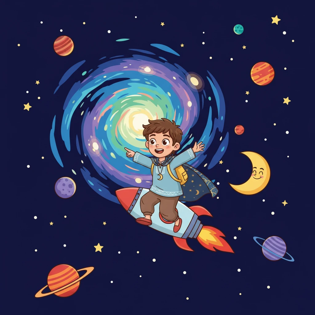 طار رائد والقمر معًا، وشاهد رائد من قريب الكواكب الملونة والنجوم المتلألئة. كانت رحلة لا تُنسى في الفضاء الشاسع.