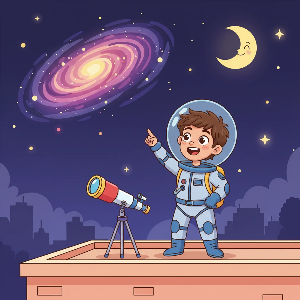 كان القمر يبتسم، ويشير إلى مجرات بعيدة، بينما رائد يضحك من السعادة. كانت هذه بداية مغامرة رائعة لم تخطر بباله أبدًا.