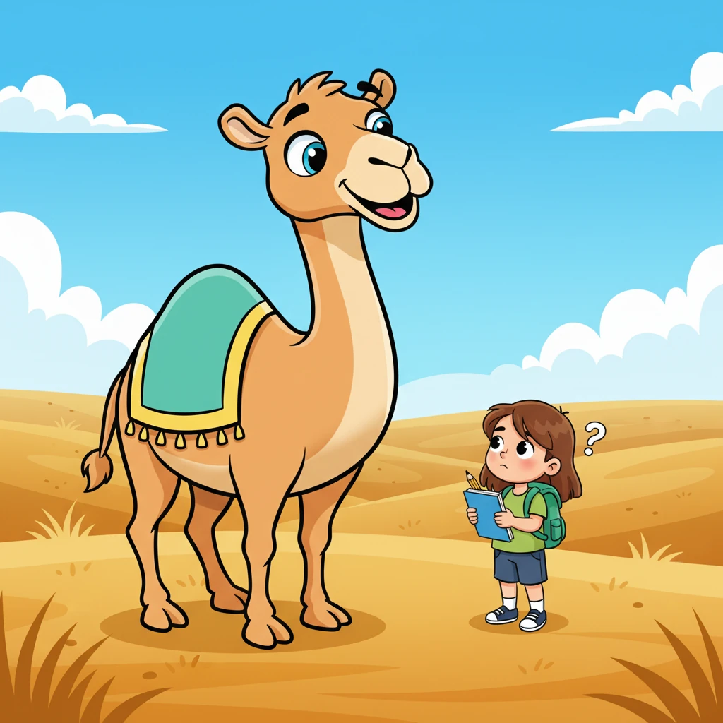 First, Lily imagined herself whisked away to a vast, sunny steppe, stretching far and wide under a clear blue sky. A friendly camel with a long, graceful neck ambled past, its humps gently swaying. Lily pulled out her notebook: "Do camels live in the jungle?" she wondered aloud. The camel slowly shook its head, a knowing twinkle in its eye.