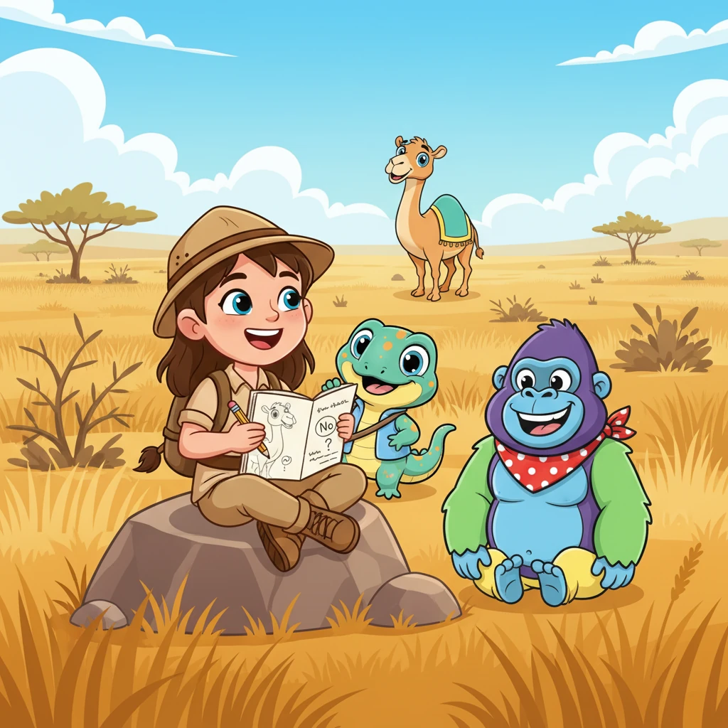Lily giggled, realizing camels were perfectly suited for the wide-open steppe, not a dense jungle. She noted down that they have long necks to reach high desert plants and marked 'No' for her first question. With a happy flourish, she sketched the camel in her notebook, adding its gentle smile.