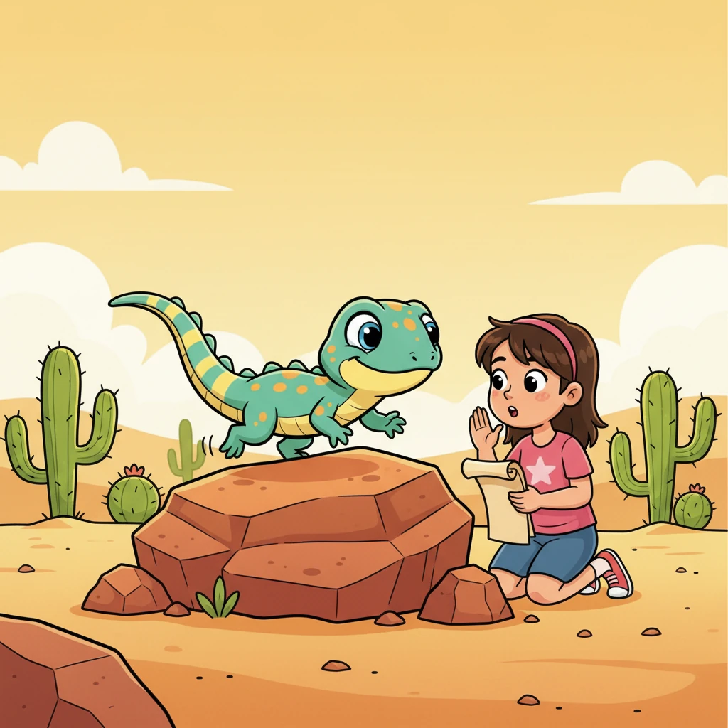 Next, Lily zoomed to a scorching hot desert, where prickly cacti dotted the sandy landscape. A speedy lizard with a very long, striped tail darted across a warm rock, basking in the sun. Lily quickly consulted her list: "Does a lizard have long legs?" she whispered, watching its quick movements. The lizard wiggled its surprisingly short, nimble legs before zipping behind a stone.