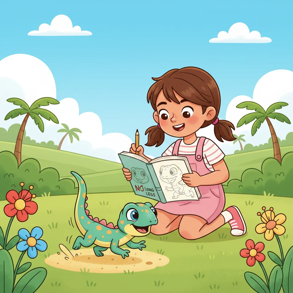 Lily observed that the lizard's long tail helped it balance, but its legs were quite short and quick for scrambling. She happily marked 'No' for long legs and sketched the lizard, emphasizing its speedy stance and impressive tail. She was learning so much already!