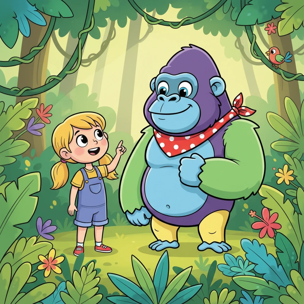 With a whoosh, Lily found herself in a vibrant, emerald green jungle, filled with exotic plants and the calls of hidden birds. A magnificent gorilla with powerful, strong arms thumped its chest softly, a friendly giant among the trees. "Do gorillas live in the jungle?" Lily asked, her eyes wide with excitement. The gorilla gave a big, reassuring nod.