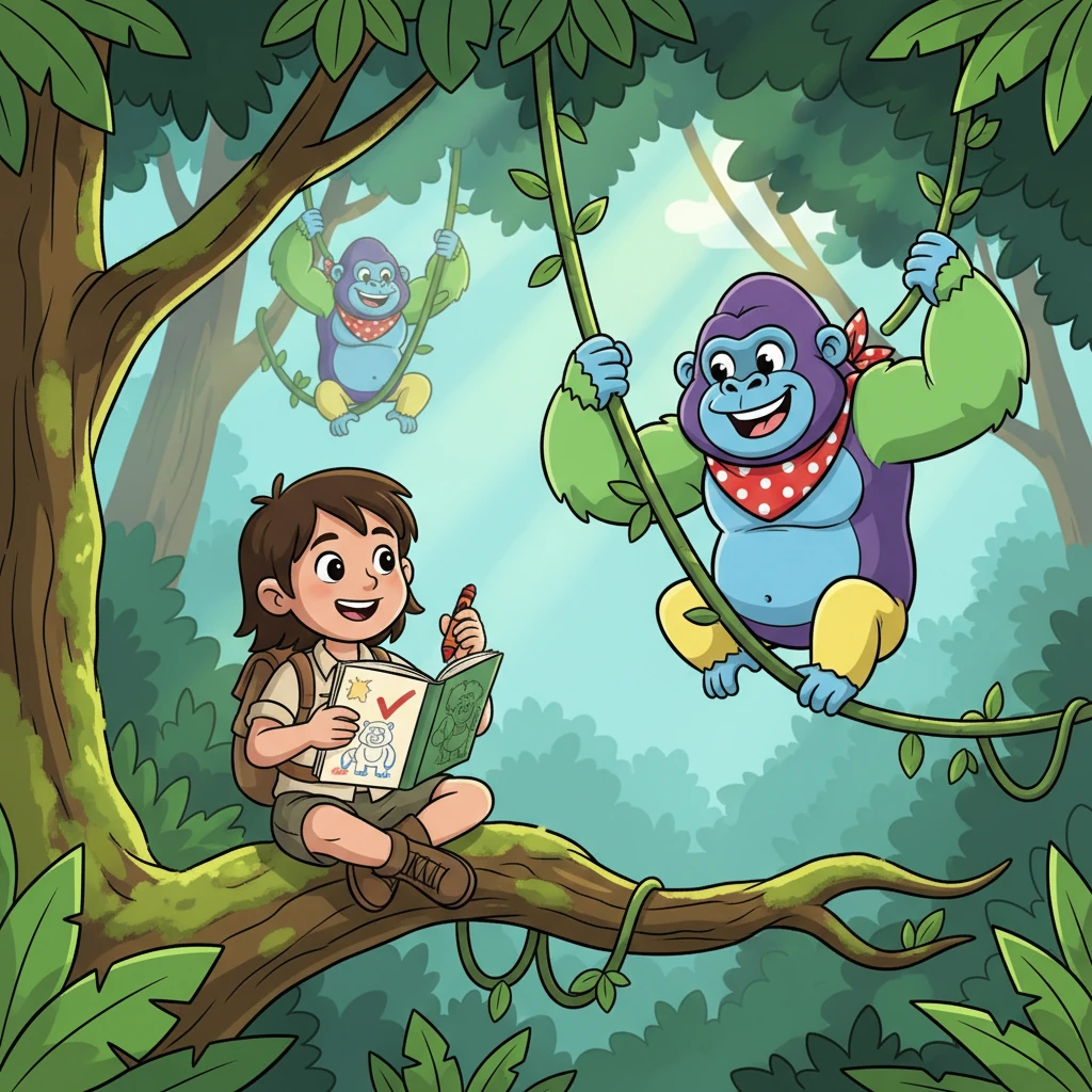 Lily cheered, marking a big 'Yes!' in her notebook, delighted to confirm gorillas' jungle home. She admired their incredible strength and how they moved gracefully through the thick foliage. She drew the gorilla with a happy, wise expression, remembering its strong arms.