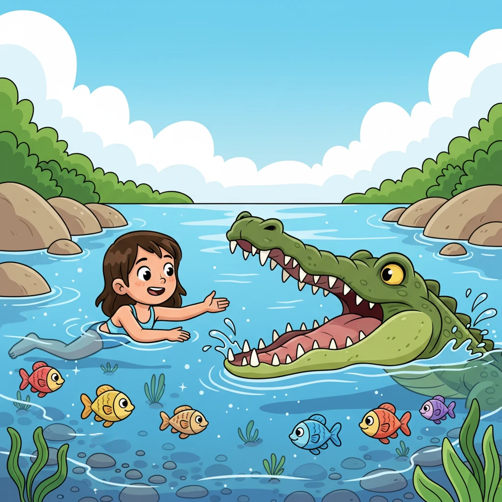 Then, Lily plunged into a sparkling, clear river, where colourful fish swam by. Suddenly, a cunning crocodile with a long snout emerged from the water, its eyes peeking just above the surface. Bravely, Lily asked her next question: "Does a crocodile have sharp teeth?" The crocodile slowly opened its powerful jaw, revealing a truly impressive row of pointy, white teeth.