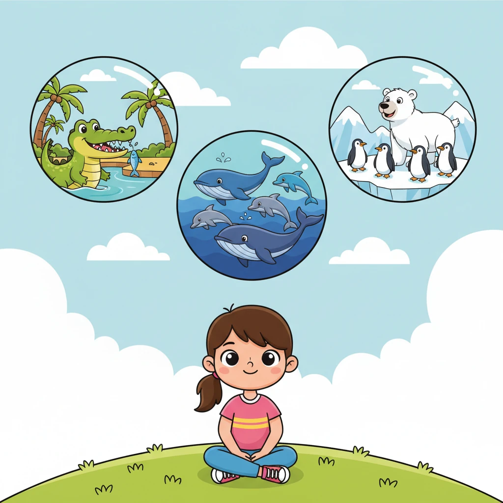 Lily quickly confirmed that crocodiles definitely have sharp teeth, perfect for catching their river meals. She also recalled her book's facts about graceful whales and playful dolphins with fins living in the vast ocean. And far away, in the chilly polar region, lived fluffy polar bears with white fur and waddling penguins with black and white feathers.
