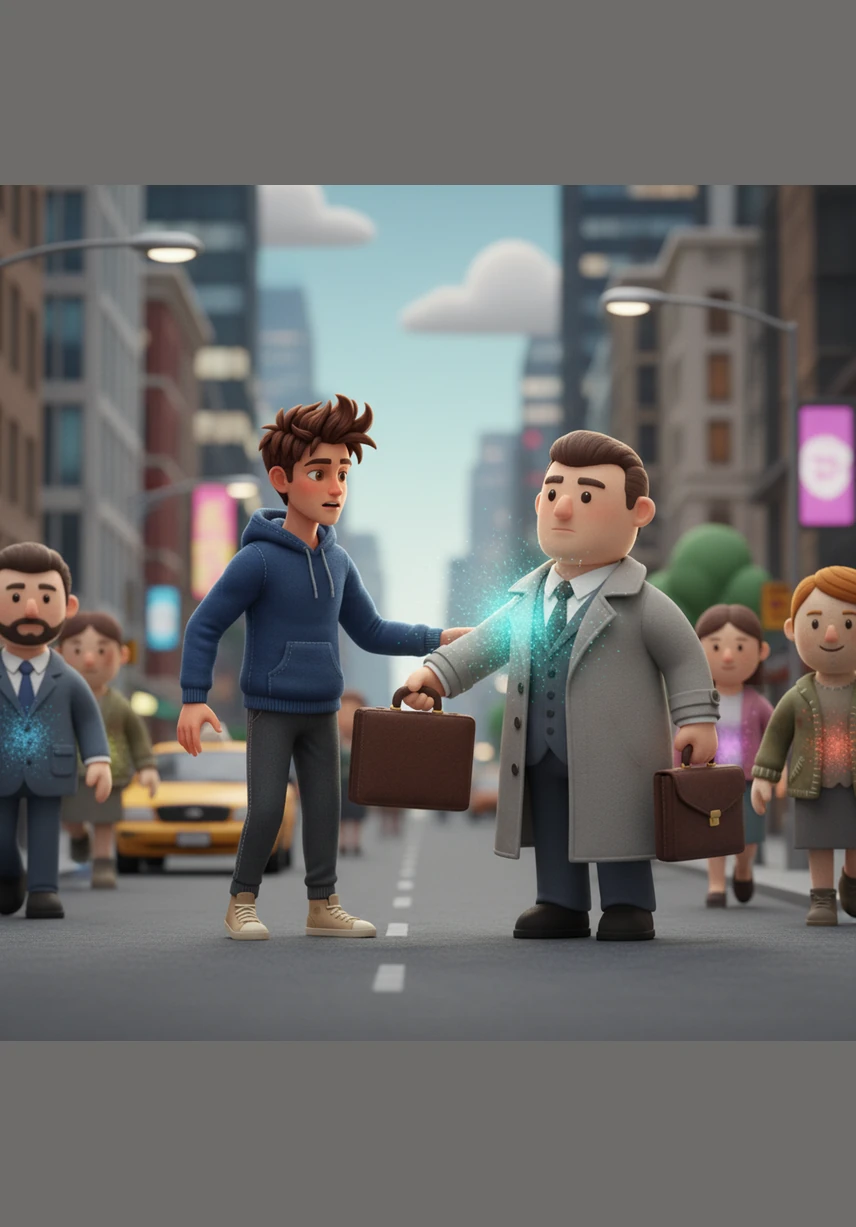 Alex stood in the heart of the bustling city, noticing a strange shimmering aura around the people passing by. When he focused his mind on a hurried businessman, the man stopped instantly and handed Alex his briefcase without a word.