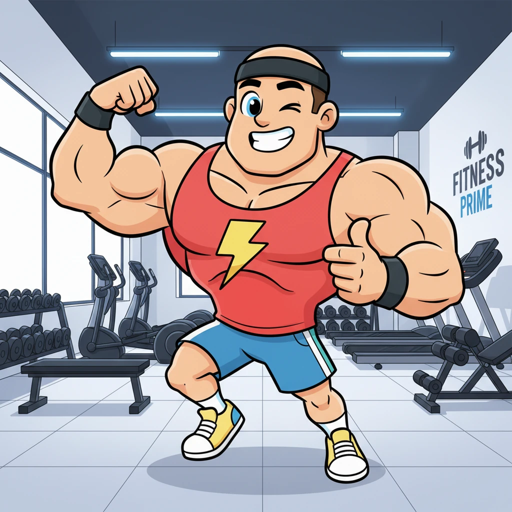 Flexy Fit, a super muscular but friendly cartoon character with a wide, encouraging smile, bursts onto the screen in a modern gym. The gym, "Fitness Prime," glows with cool blue, crisp white, and sleek black accents. He flexes a bicep, winking directly at the viewer. "Hey there… yes, you. The one who comes to train even when it's tough."