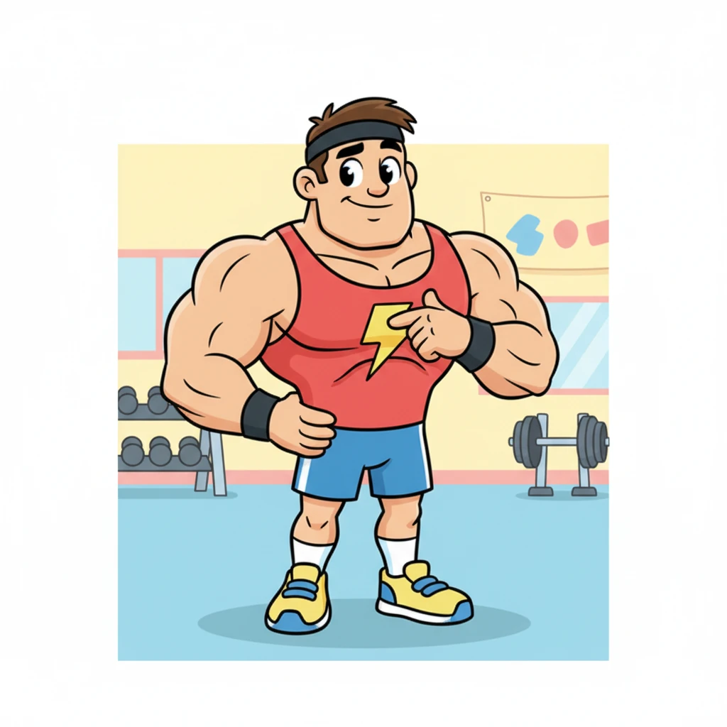 Flexy stands tall, hands on his hips, radiating positive energy. He looks thoughtfully at the viewer, his expression warm and understanding. "Training isn't just about lifting weights; it's a powerful way to show yourself love and build incredible discipline." He gestures gently to his chest, emphasizing self-care.