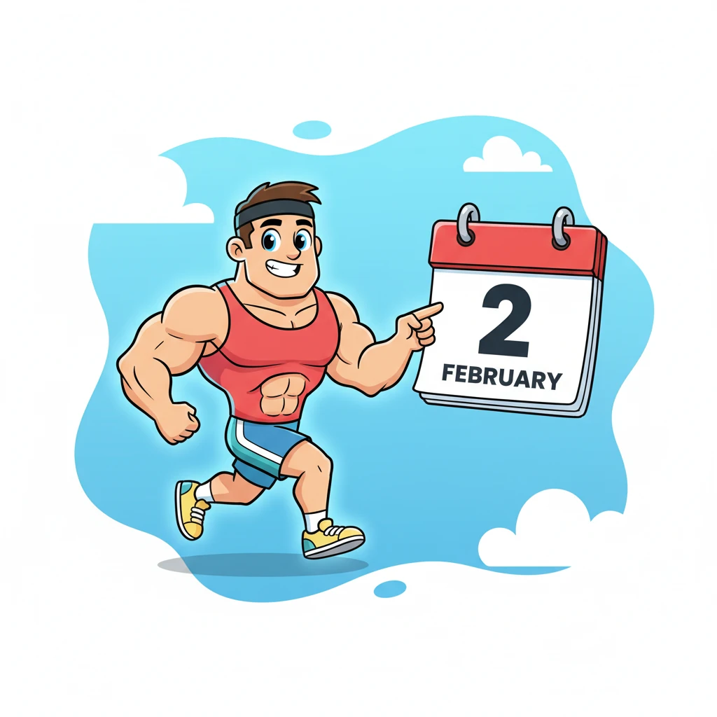 Now, Flexy is jogging lightly in place, a determined but joyful look on his face. He points to a stylized calendar showing "February." "Especially this February, remember that consistency in your workouts is a true act of self-respect and care for your amazing body." Blue light subtly highlights his movement.