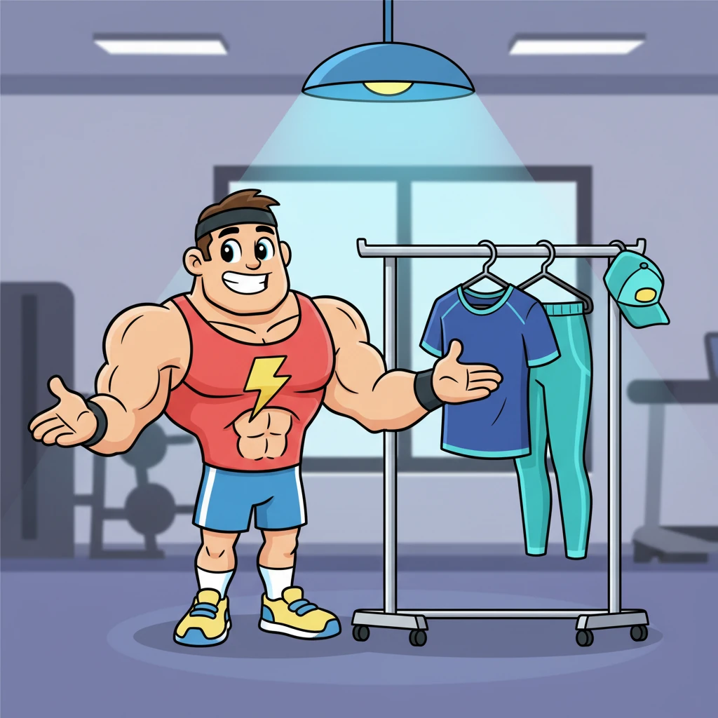 With a flourish, Flexy reveals a dazzling display of athletic wear. A vibrant, stylish sports outfit – a sleek t-shirt, comfortable leggings, and a cool sports cap – hangs on a rack, catching the blue gym light. Flexy beams, gesturing proudly at the prize.