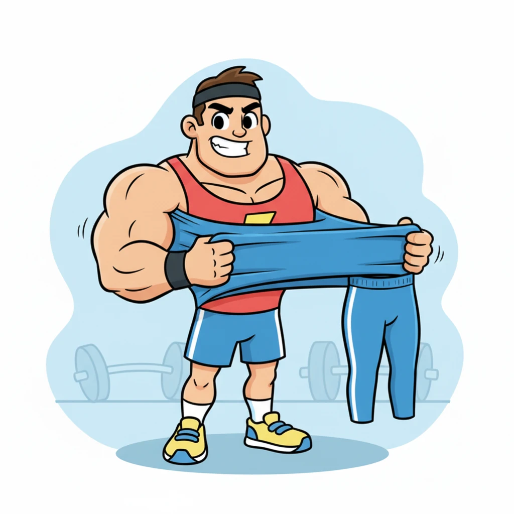 Flexy holds up the t-shirt and then the leggings, demonstrating their quality. He stretches the fabric slightly to show its flexibility and comfort. "This isn't just any gear; it's a real fitness outfit, designed for comfort and style, so you can look and feel your best while crushing your goals!"