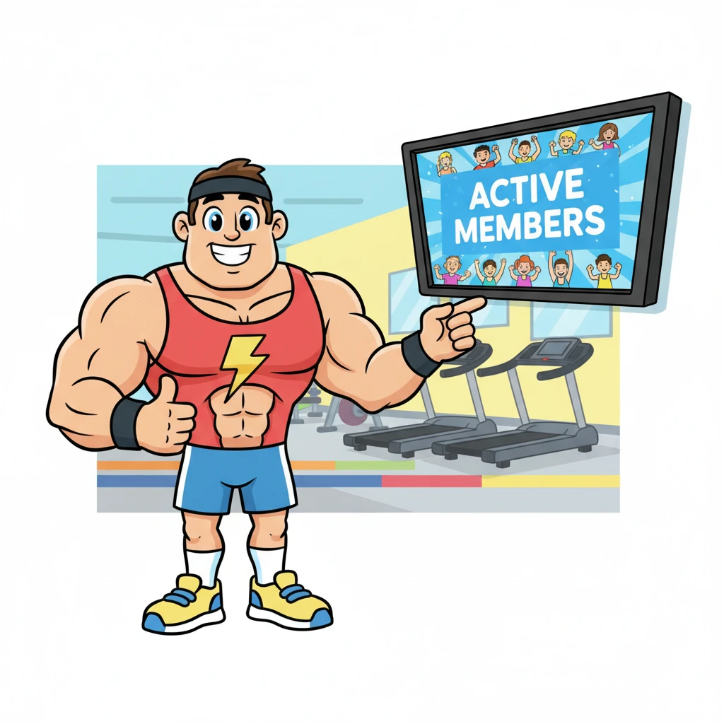 He points to a digital screen showing "Active Members." Flexy's expression is clear and helpful. "Want to win this awesome gear? It's super easy! First, you just need to be an active member here at Fitness Prime Gym." He gives a thumbs-up.