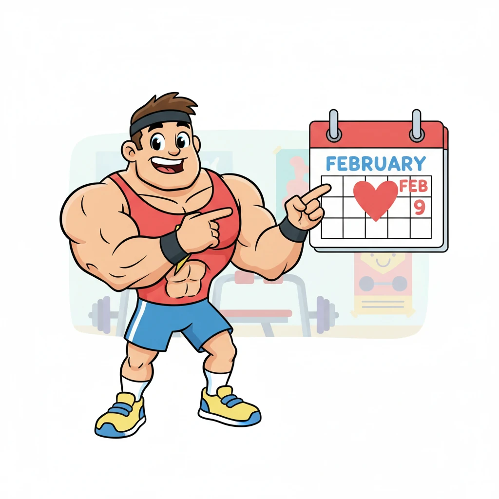 Flexy then points to a large, friendly calendar graphic highlighting "February 9th." "And second, simply confirm your monthly membership payment before February 9th. Do that, and you're automatically entered into our special raffle!" He claps his hands together enthusiastically.