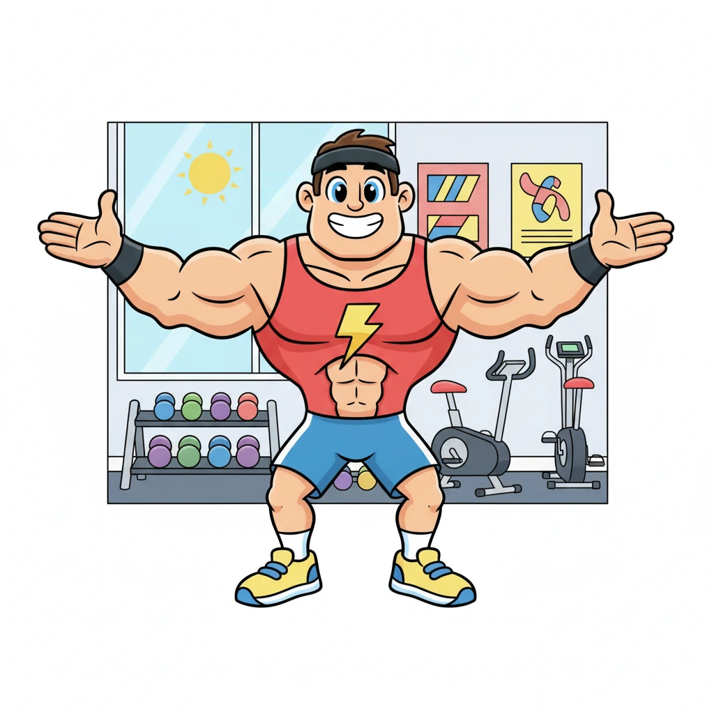 Flexy spreads his arms wide, inviting and encouraging. His smile is genuine and infectious. "So keep pushing, keep showing up, and make sure you're in the running for this fantastic prize! Every sweat drop counts!" The gym background feels even more inspiring.