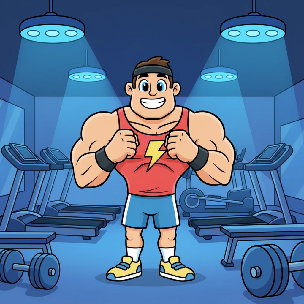 Flexy stands squarely, looking directly into the viewer's eyes with a powerful, motivating gaze. He pounds his fist gently into his palm. "Train. Achieve. Participate. Because at Fitness Prime, effort truly pays off." The blue gym lights intensify slightly, creating an impactful closing.