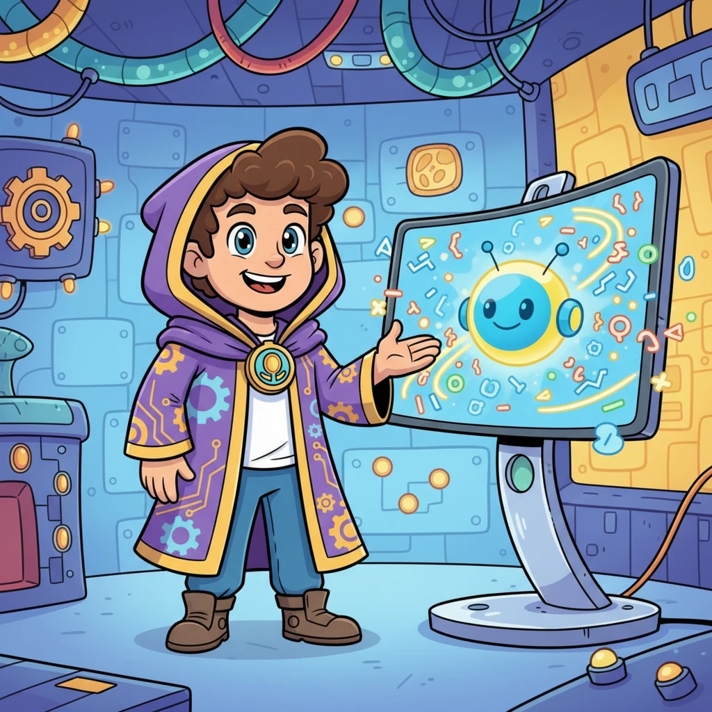 In a colorful room filled with blinking lights and whirring gadgets, a bright-eyed boy named Leo proudly presents his best creation: Gênioz! Gênioz is a friendly, glowing AI orb displayed on a sleek, futuristic screen, surrounded by a whirlwind of playful code.