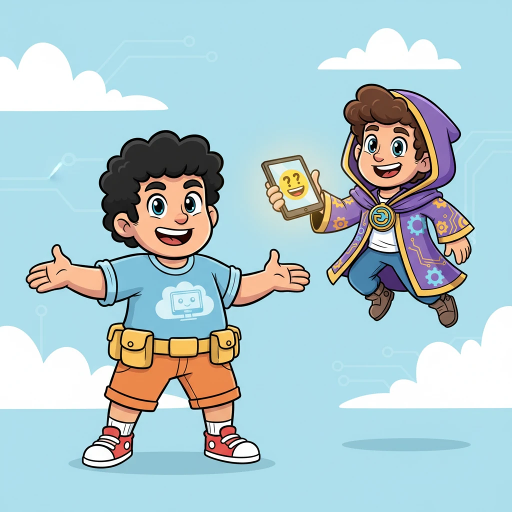 Leo, with a twinkle in his eye and a determined grin, declares, "Gênioz, we're going to make you even better, the most amazing AI ever!" Gênioz's screen lights up with a curious, excited emoticon, ready for any adventure Leo dreams up.