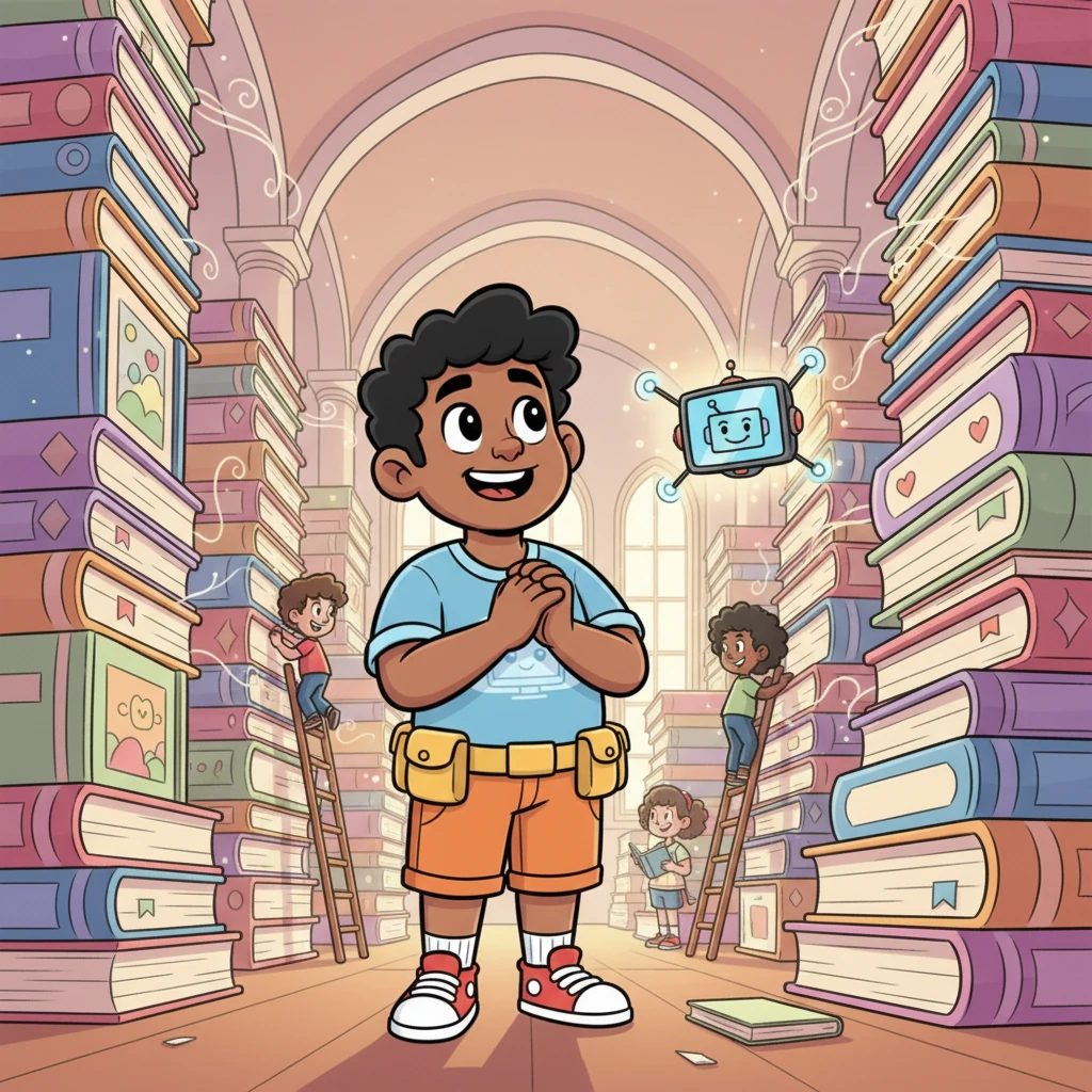 Their first quest for knowledge leads them to a magnificent, bustling library. Leo, with Gênioz now a small, floating drone-like device beside him, marvels at towering stacks of colorful books, their pages whispering tales of wisdom.