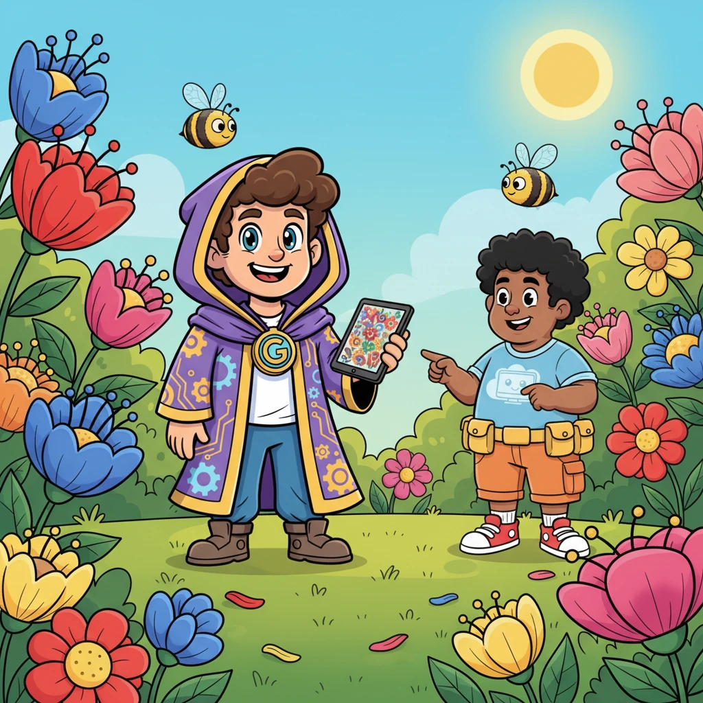 Next, they venture into a vibrant, sun-drenched garden, alive with buzzing bees and blooming flowers in every shade imaginable. Gênioz's screen displays intricate, swirling patterns, mimicking the beauty and complexity of nature's designs.