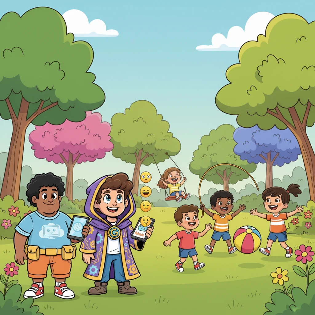 At a lively park, they observe children playing and laughing, their faces full of joy and surprise. Gênioz's digital face cycles through various expressive emoticons, diligently trying to understand the wonderful world of human emotions.