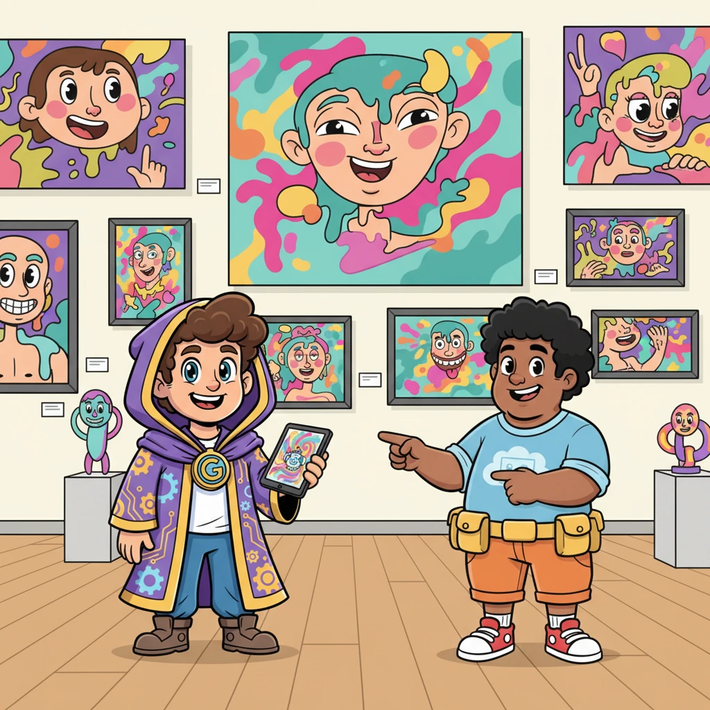 Their artistic journey takes them to a whimsical art gallery, brimming with exaggerated, colorful paintings that seem to dance off the walls. Gênioz's screen swirls with vibrant hues and abstract shapes, inspired by every brushstroke.