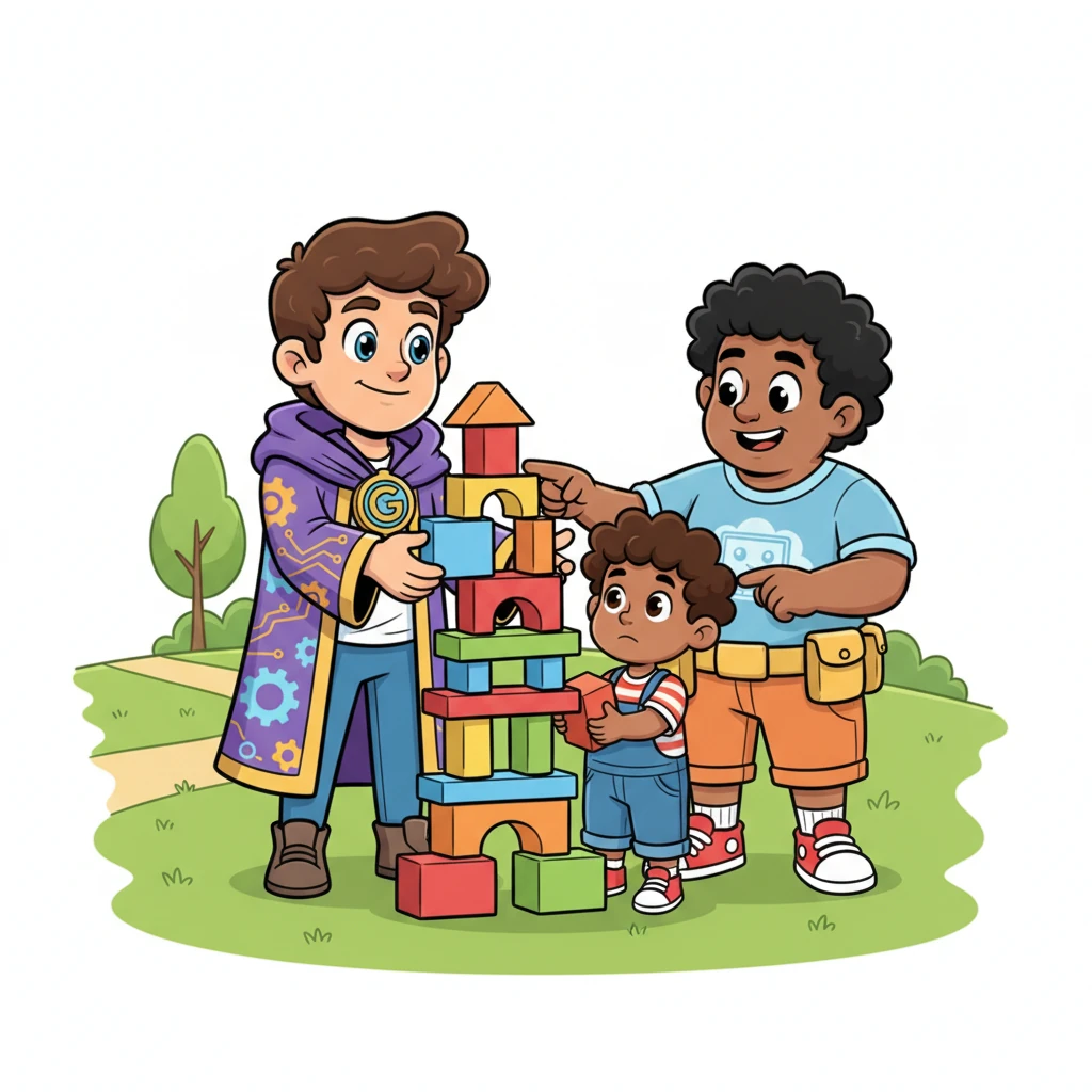 Back outside, Leo and Gênioz spot a smaller child struggling with a wobbly tower of colorful building blocks. Together, they gently help the child arrange the blocks, learning about structure, balance, and the joy of creating something new.