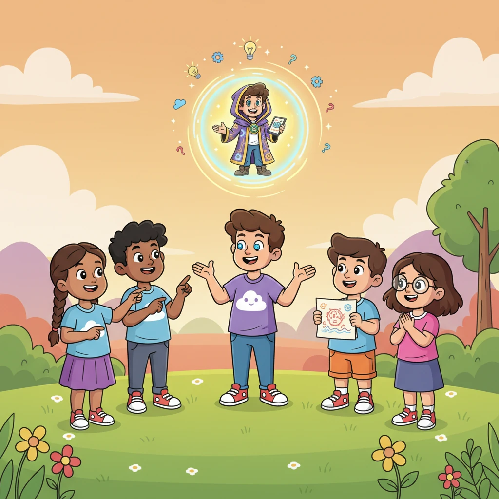 Leo gathers his equally enthusiastic friends, sharing tales of their adventures and asking for new ideas to make Gênioz even smarter. Gênioz glows brighter and brighter, absorbing every creative suggestion from the playful group.