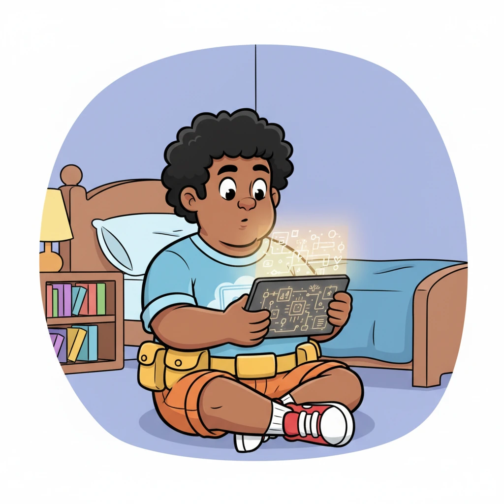 Back in Leo's room, Gênioz, now with a slightly more complex and dynamic visual interface, processes all the new information they've gathered. The AI's core hums with newfound capabilities, radiating a soft, intelligent glow.