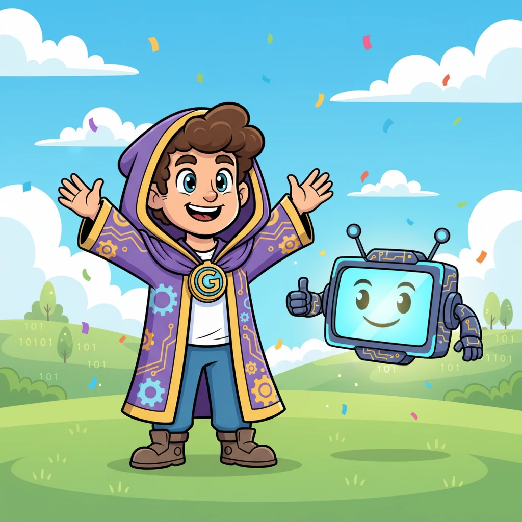 Leo and the evolved Gênioz celebrate their shared achievement, beaming with pride and joy. Gênioz gives Leo a cheerful, digital thumbs-up on its vibrant screen, a testament to their incredible journey and the power of growing together.