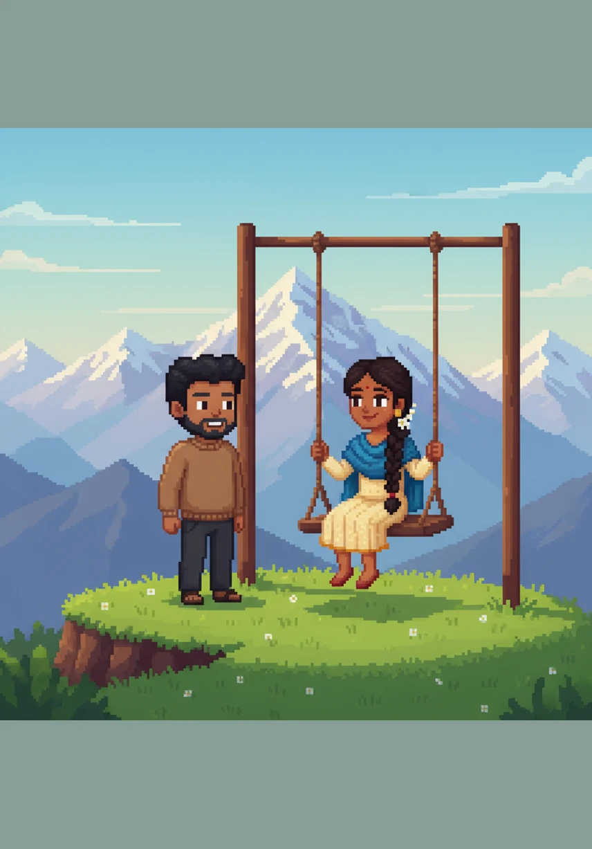 High in the mountains of Nainital, the air is crisp and the views are breathtaking during their honeymoon. He watches her gently swinging on a net over a green lawn on the mountain top, a moment of pure peace and beauty against the backdrop of the peaks.
