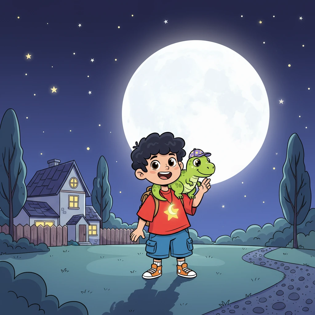 Numa noite estrelada, Enzo e Rex se esgueiram para fora da casa. A lua, grande e brilhante, ilumina o quintal. Eles planejam explorar o mundo noturno, cheios de entusiasmo e expectativa, prontos para desvendar os segredos da escuridão.