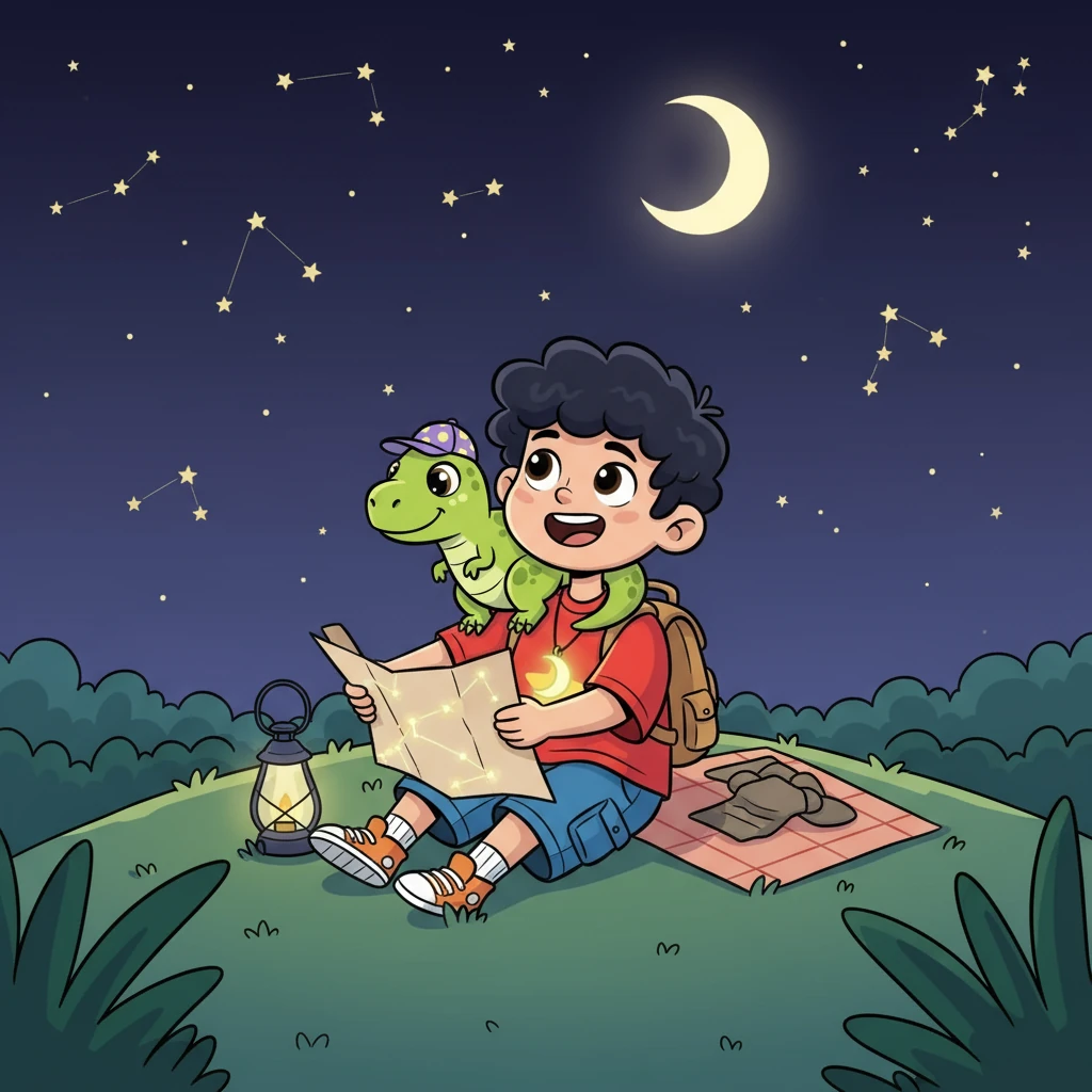 De volta ao quintal, exaustos, mas felizes, Enzo e Rex contemplam o céu estrelado. Eles sabem que a noite é cheia de magia e que, juntos, podem enfrentar qualquer desafio. Com o mapa estelar em mãos, eles se preparam para a próxima aventura, ansiosos pelas maravilhas da noite.