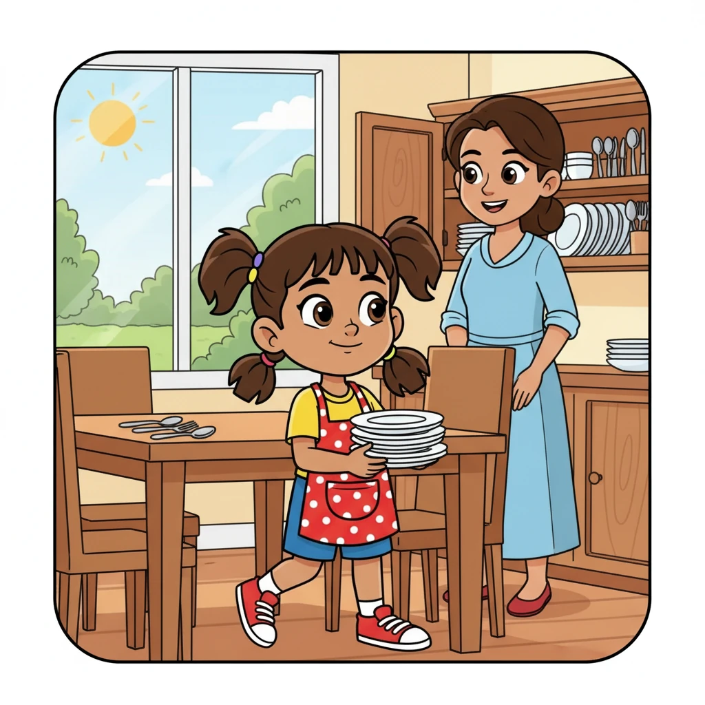 Her mother smiled, a warm and inviting light in her eyes. 'Good morning, Namasvi,' she said. 'Can you please set the table?' Namasvi, eager to assist, scurried to the cupboard and carefully placed the plates, spoons, and forks.
