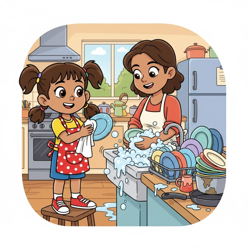 After breakfast, Namasvi's mother began to wash the dishes. The sink overflowed with soapy water and the clatter of the plates rang through the kitchen. Namasvi, without being asked, offered to help dry the clean dishes.