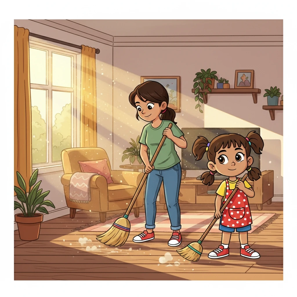 Later in the day, Namasvi's mother started sweeping the floor. Dust motes danced in the sunbeams. Namasvi, seeing her mother's work, picked up her own small broom and began to sweep beside her, mimicking her movements.