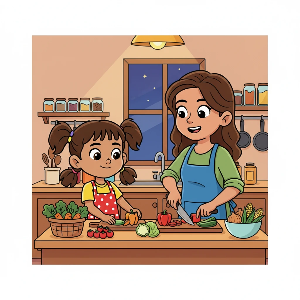 In the evening, Namasvi's mother began to prepare dinner. She began chopping vegetables at the cutting board. Namasvi, wanting to contribute, gathered all the ingredients and placed them neatly in front of her mother.