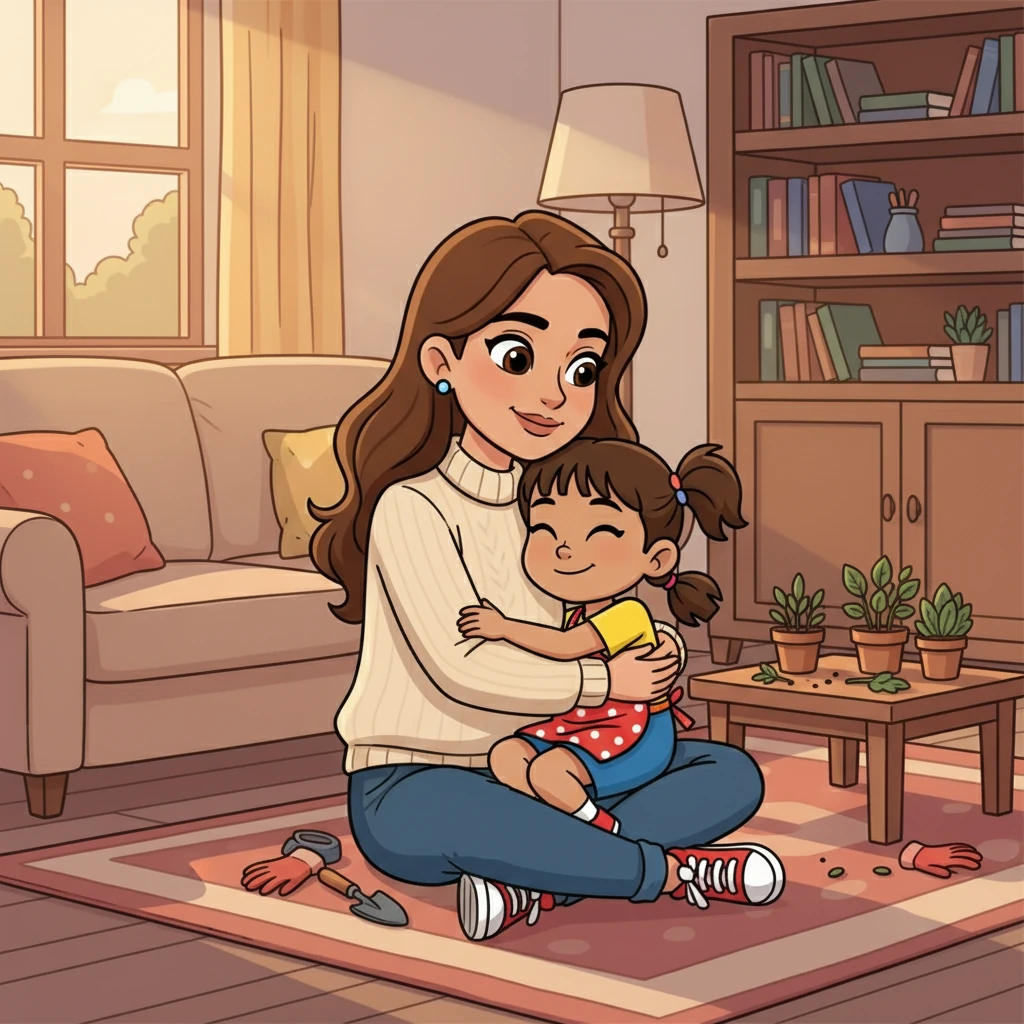 As the day drew to a close, Namasvi snuggled close to her mother. Her heart was full, and her mother's smile was the best reward. They shared a warm embrace, happy and content after a day of working together.