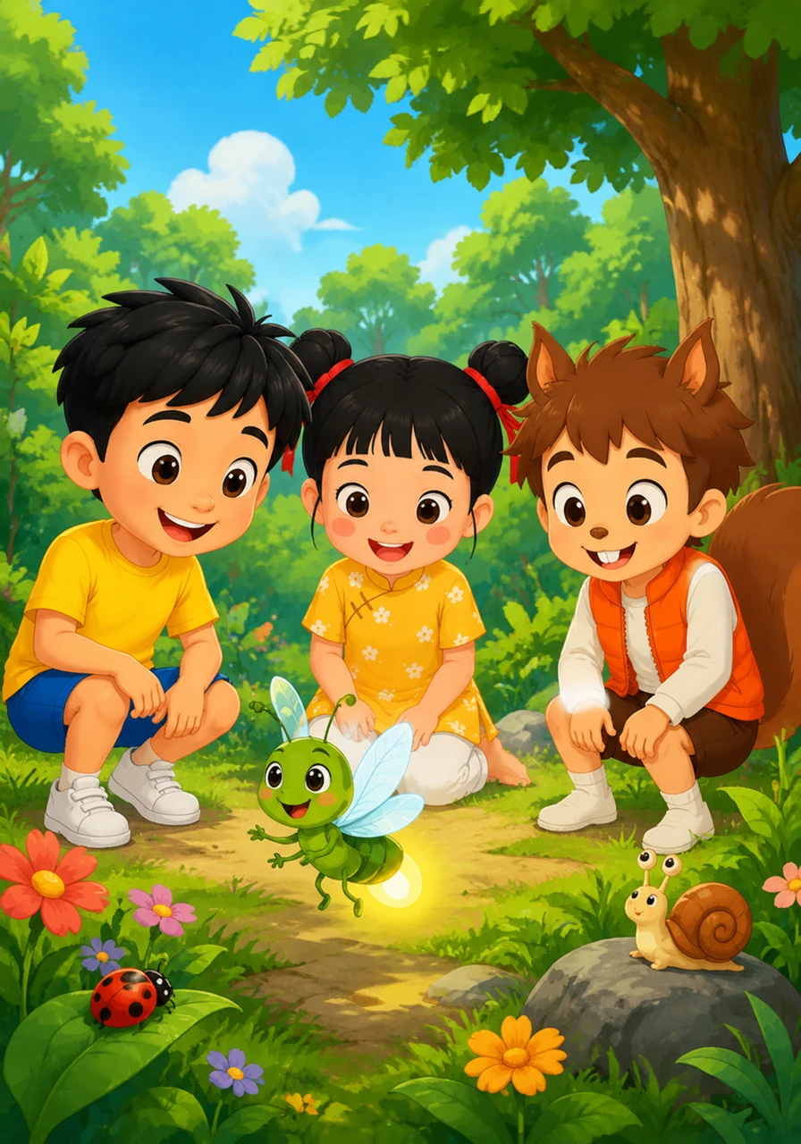In a bright, sunny forest, Milo the little firefly loved to play with his insect friends. Milo was small and had a soft green body, big friendly eyes, and shiny transparent wings. He always smiled and loved helping anyone in need.