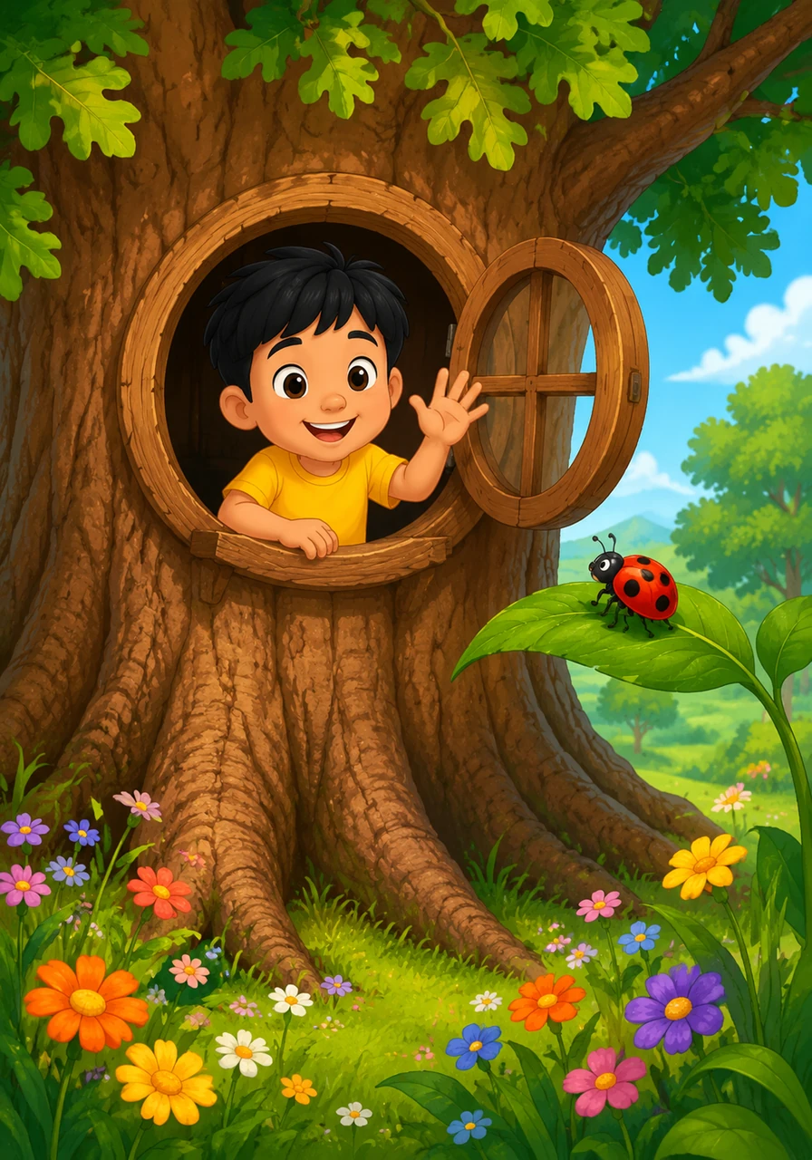 Milo lived in a cozy house carved inside a giant, ancient oak tree. The tree was surrounded by colorful wildflowers and soft green grass where everyone gathered. He waved happily to a passing ladybug from his wooden window.
